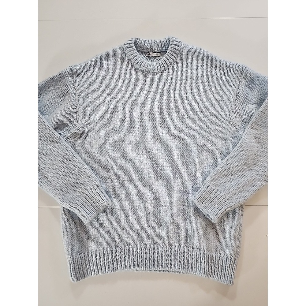 ZARA Light Blue Chunky Knit Wool Blend Sweater‎ Jumper Pullover L Made In Turkey